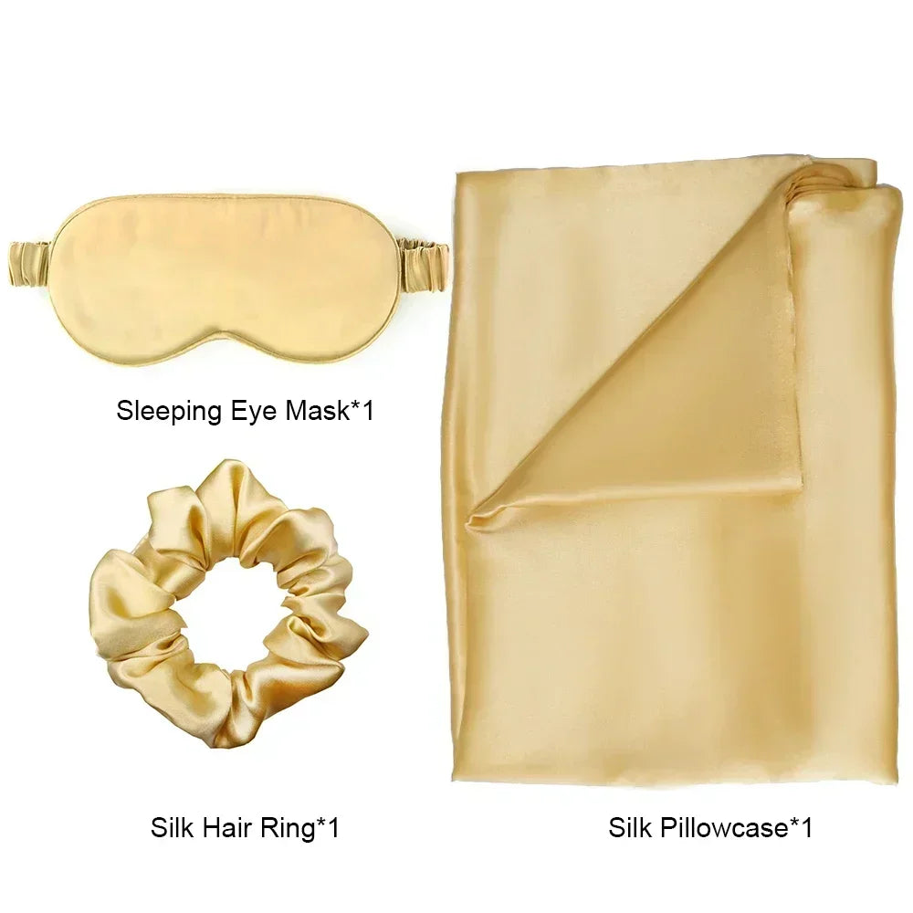 Zipper Natural Silk Pillowcase Matched Sleep Mask Hair Scrunchie Gift Set Both Sides 100% Mulberry Silk for Healthy&Good Sleep