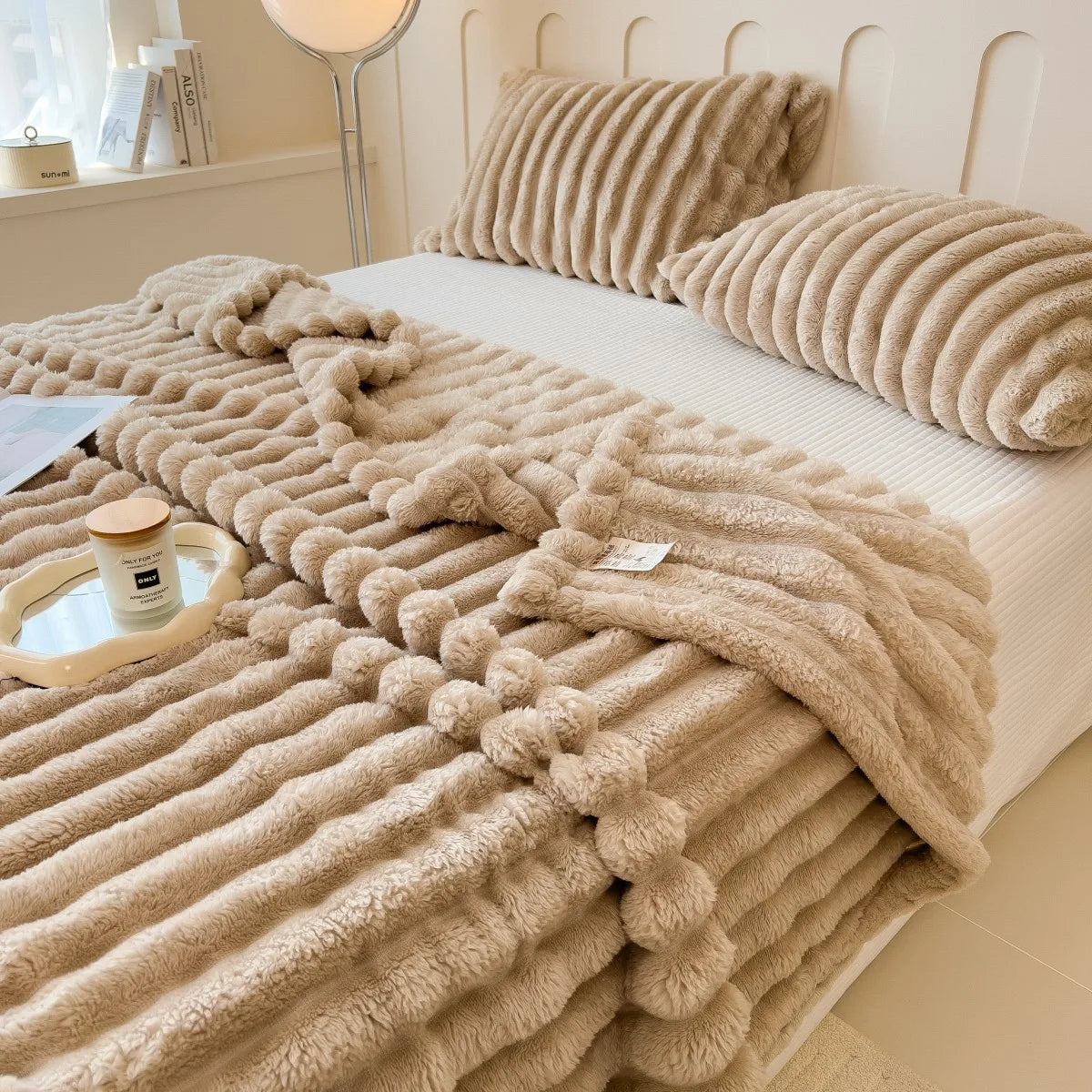 Couverture multifonctionnelle épaissie à larges rayures de couleur unie, peut être utilisée comme drap de lit, couverture de sieste, couverture pour animaux de compagnie