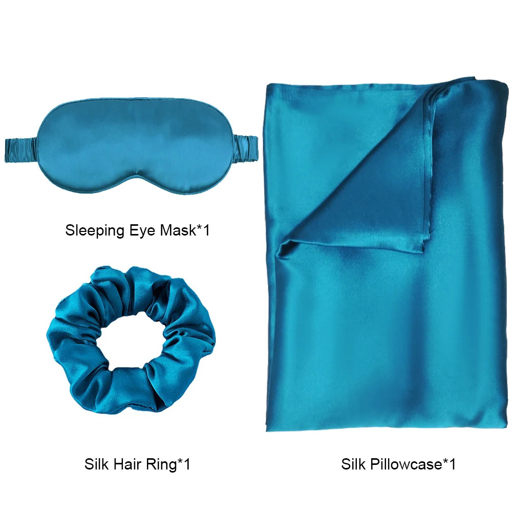 Zipper Natural Silk Pillowcase Matched Sleep Mask Hair Scrunchie Gift Set Both Sides 100% Mulberry Silk for Healthy&Good Sleep