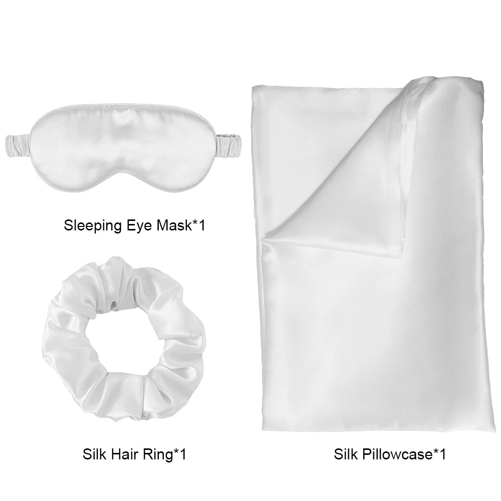 Zipper Natural Silk Pillowcase Matched Sleep Mask Hair Scrunchie Gift Set Both Sides 100% Mulberry Silk for Healthy&Good Sleep