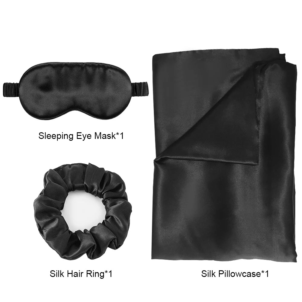 Zipper Natural Silk Pillowcase Matched Sleep Mask Hair Scrunchie Gift Set Both Sides 100% Mulberry Silk for Healthy&Good Sleep
