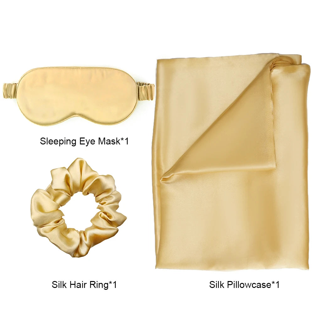 Zipper Natural Silk Pillowcase Matched Sleep Mask Hair Scrunchie Gift Set Both Sides 100% Mulberry Silk for Healthy&Good Sleep